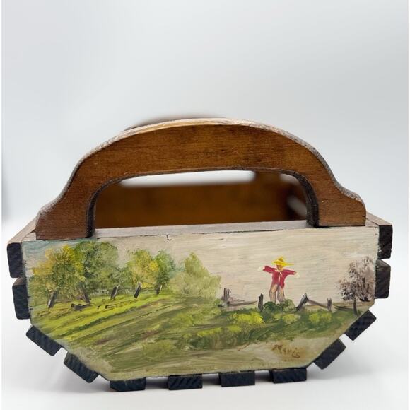Vintage Wooden Slat Basket w/ Handles Hand Painted Outdoor Farm Scene Dark Wood - Picture 2 of 10